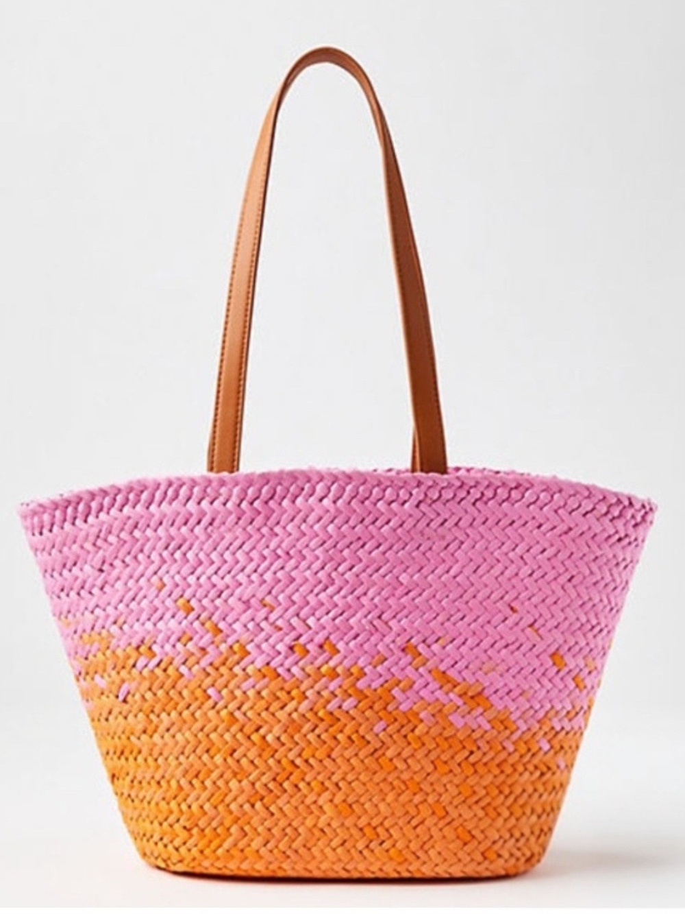 LOFT Pink and Orange Woven Tote with Tan Handles